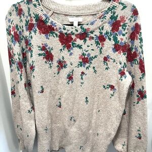 LC Lauren Conrad Beige Sweater with Red and Green Floral Design